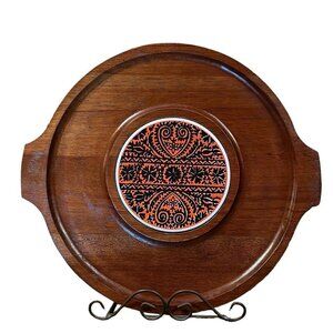 Vintage MCM Round Teak Wood 15.75" Serving Tray w/ Center Trivet Red and Black